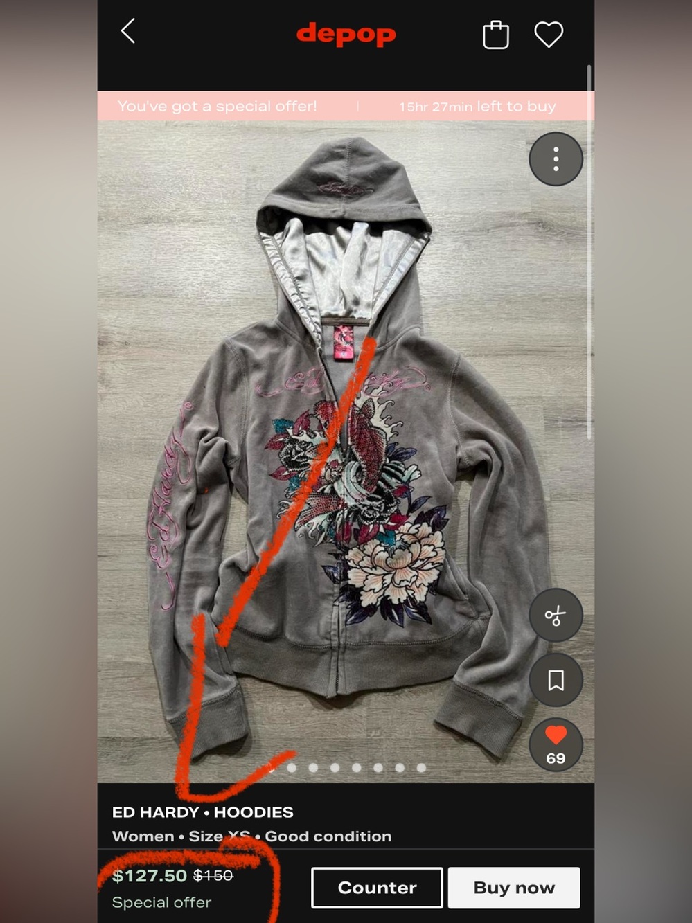 VINTAGE RARE- Ed Hardy Gray Floral Koi Zip Hoodie with Pink Logo